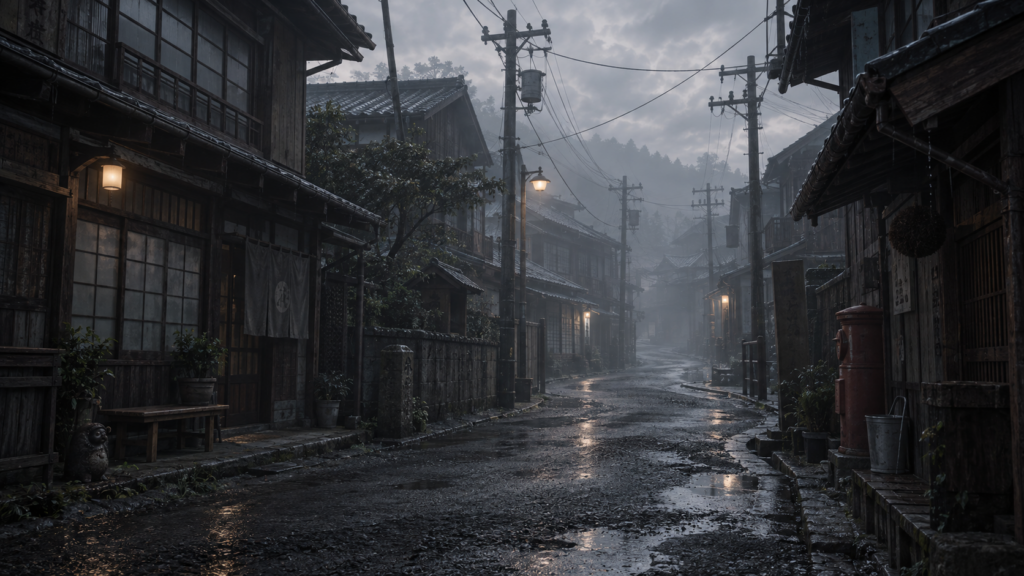 霧雨に包まれた古い日本の町並み