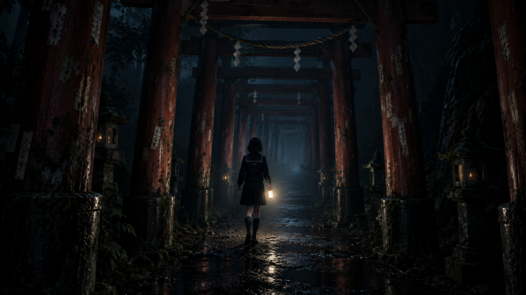 神社の赤い鳥居をくぐる少女