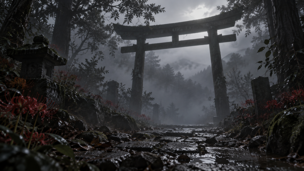 霧に包まれた神社の鳥居