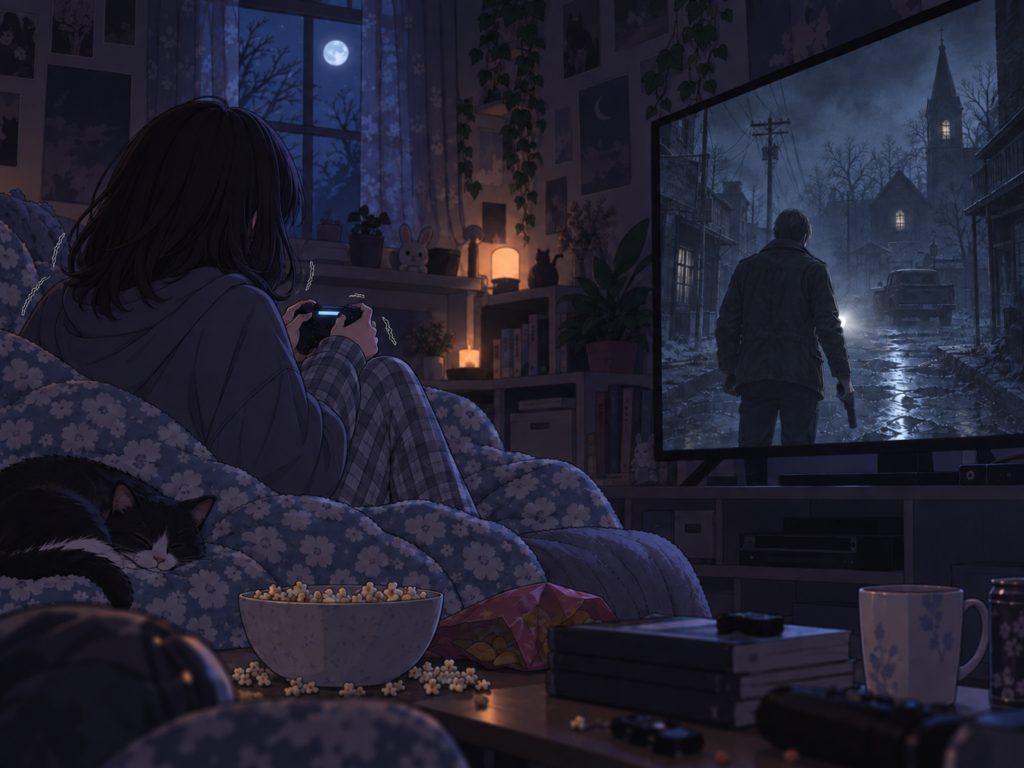 夜中にホラーゲームをする女性