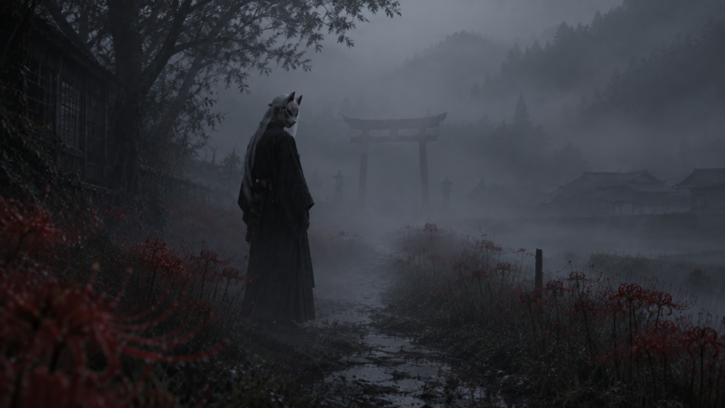 霧の中に立つ狐面の男